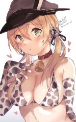 Rule 34 | 1girl, animal print, bell, bikini, blonde hair, blush, breasts, cleavage, cow print, cowbell, dated, elbow gloves, gloves, green eyes, hair between eyes, hat, heart, kantai collection, large breasts, long hair, military hat, one-hour drawing challenge, parted lips, peaked cap, prinz eugen (kancolle), saiki yuzuri, signature, solo, swimsuit, twitter username, white bikini, white gloves