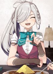 Rule 34 | 1girl, 1other, absurdres, asashimo (kancolle), asashimo kai ni (kancolle), blue bow, blue bowtie, bow, bowtie, closed eyes, facing viewer, fingerless gloves, food, gloves, grey gloves, grey hair, hair over one eye, highres, jewelry, kanmiya shinobu, kantai collection, lamp, long hair, open mouth, plate, ponytail, pov, purple hair, purple vest, ring, shirt, short sleeves, solo, spoon, upper body, very long hair, vest, wedding ring, white shirt