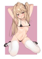 Rule 34 | 1girl, ahoge, arms up, bikini, black bikini, black footwear, blush, breasts, deatheach, full body, highres, light brown hair, long hair, looking at viewer, micro bikini, navel, nose blush, one side up, open mouth, original, pink background, red eyes, shoes, sitting, small breasts, solo, stomach, string bikini, swimsuit, thighhighs, two-tone background, white background