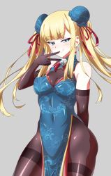 Rule 34 | 1girl, alternate costume, aqua eyes, artist request, bare shoulders, black gloves, black pantyhose, blonde hair, blue dress, blush, breasts, bun cover, china dress, chinese clothes, closed mouth, covered navel, double bun, dress, elbow gloves, fate/grand order, fate (series), gloves, hair bun, hair ribbon, kain0037, long hair, looking at viewer, lord el-melloi ii case files, medium breasts, pantyhose, pelvic curtain, red ribbon, reines el-melloi archisorte, ribbon, smile, solo, thighband pantyhose, thighs, twintails