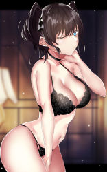 Rule 34 | 1girl, bare arms, bare shoulders, black bra, black choker, black hair, blue eyes, blurry, blurry background, bra, breasts, choker, commentary request, cowboy shot, earrings, hair between eyes, hair ribbon, hand up, highres, indoors, jewelry, large breasts, letterboxed, looking at viewer, moruchi (rinaka moruchi), navel, one eye closed, original, outside border, ribbon, short hair, solo, standing, stomach, stud earrings, thighs, twintails, underwear, underwear only
