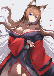 Rule 34 | 1girl, amagi (azur lane), animal ears, azur lane, bad id, bad pixiv id, bare shoulders, blue eyes, bodystocking, breasts, brown hair, choker, cleavage, collarbone, commentary request, fox ears, grey background, japanese clothes, jewelry, large breasts, long hair, long sleeves, looking at viewer, parted lips, petals, ring, simple background, sleeves past fingers, sleeves past wrists, solo, standing, thick eyebrows, torn bodystocking, torn clothes, white choker, wide sleeves, yuzu-aki
