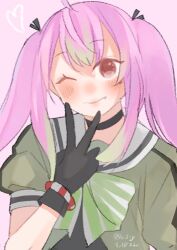 Rule 34 | 1girl, ahoge, black gloves, bow, bowtie, bracelet, commentary request, gloves, green bow, green bowtie, grey sailor collar, grey shirt, jewelry, kantai collection, long hair, looking at viewer, momo (kancolle), one-hour drawing challenge, one eye closed, pink hair, red eyes, sailor collar, school uniform, serafuku, shirt, solo, suppaman (rfjy), twintails, upper body, v