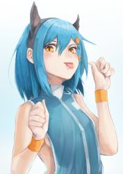 Rule 34 | 1girl, :p, animal ears, backless outfit, bad id, bad pixiv id, bare shoulders, bird hair ornament, black hairband, blue hair, blush, borrowed character, breasts, cat ears, closed mouth, fake animal ears, hair between eyes, hair ornament, hair tie, hairband, hairclip, hands up, looking at viewer, orange eyes, original, porta (guruten11), revealing clothes, short hair, sideboob, sidelocks, sleeveless, small breasts, smile, solo, sweat, tongue, tongue out, tourou (lanterngleam), tourou (pixiv20874520), turtleneck, upper body, wristband