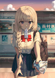 Rule 34 | 1girl, absurdres, bag, blue skirt, blurry, blurry background, blush, bow, bowtie, braid, braided ponytail, building, cloud, collared shirt, dress shirt, food, highres, holding, holding food, jisu lee, long hair, looking at viewer, original, outdoors, outstretched arm, pleated skirt, ponytail, purple eyes, red bow, red bowtie, school bag, school uniform, shirt, short sleeves, skirt, sky, smile, solo, white hair, white shirt