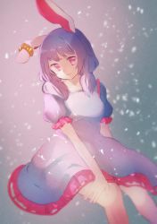 Rule 34 | 1girl, animal ears, blue dress, blurry, breasts, dress, ear down, earclip, frilled sleeves, frills, head tilt, light particles, low twintails, medium breasts, pink eyes, pink theme, puffy short sleeves, puffy sleeves, rabbit ears, seiran (touhou), short dress, short sleeves, shukinuko, sideways glance, smile, solo, thighs, touhou, twintails