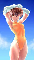 Rule 34 | 1girl, armpits, arms up, breasts, brown eyes, brown hair, competition swimsuit, covered navel, day, covered erect nipples, highleg, highleg swimsuit, medium breasts, nyo, one-piece swimsuit, one eye closed, original, short hair, skin tight, sky, solo, standing, swimsuit, turtleneck, undressing