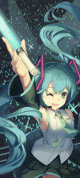 Rule 34 | 1girl, absurdres, aqua eyes, aqua hair, aqua necktie, arm up, armpits, blush, clothes lift, detached sleeves, floating hair, from above, glowing, glowstick, hair between eyes, hair ornament, hands up, hankon, hatsune miku, headphones, headset, highres, holding, holding stick, light rays, long hair, looking at viewer, microphone, miniskirt, necktie, one eye closed, open mouth, pleated skirt, shirt, shoulder tattoo, skirt, skirt lift, sleeveless, sleeveless shirt, smile, solo, sparkle, spotlight, stage, stick, tattoo, twintails, very long hair, vocaloid, wide sleeves, wing collar