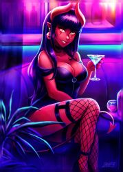 Rule 34 | 1girl, breasts, cleavage, colored skin, cup, demon girl, demon tail, earrings, feet out of frame, fishnet thighhighs, fishnets, holding, holding cup, horns, iahfy, jewelry, leaf, medium breasts, original, parted lips, plant, pointy ears, red horns, red skin, sitting, smile, solo, synth (iahfy), tail, thighhighs