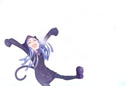 Rule 34 | 1girl, :d, ^ ^, animal ears, arms up, ayaki, bad id, bad pixiv id, blue hair, breath, cat ears, cat tail, closed eyes, hair ornament, hairclip, happy, heart, heart in mouth, hood, hoodie, long hair, long sleeves, open mouth, original, outstretched arms, pantyhose, platform footwear, shoes, sleeves past wrists, smile, snowing, solo, striped clothes, striped pantyhose, tail