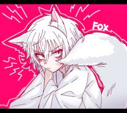 Rule 34 | 1boy, accelerator (toaru majutsu no index), albino, ambiguous gender, androgynous, animal ears, black border, blush, border, english text, eyeshadow, fox ears, fox tail, frown, hair between eyes, hand on own shoulder, japanese clothes, kemonomimi mode, kimono, lightning bolt symbol, looking at viewer, makeup, messy hair, outline, pale skin, portrait, red background, red eyes, red eyeshadow, sanpaku, short hair, signature, sketch, solo, tail, toaru majutsu no index, white hair, white kimono, white outline, wo zatta