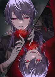 Rule 34 | 1boy, bandaged arm, bandaged hand, bandages, blood, blood on face, commentary request, facing viewer, flower, grey background, grey hair, grey jacket, hair between eyes, hair over shoulder, hands up, highres, holding, holding flower, jacket, kenmochi touya, long hair, looking at viewer, looking down, male focus, multiple views, nijisanji, open mouth, parted lips, red background, red eyes, red flower, signature, snowlight candy, spider lily, teeth, tsurime, two-tone background, upper body, virtual youtuber