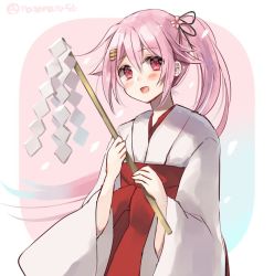 Rule 34 | 1girl, alternate costume, blush, gohei, hair ornament, hairclip, hakama, harusame (kancolle), hatomaru (hatomaru56), japanese clothes, kantai collection, long hair, miko, one-hour drawing challenge, open mouth, pink hair, ponytail, red eyes, red hakama, shide, side ponytail, sidelocks, simple background, solo, twitter username, upper body, wide sleeves