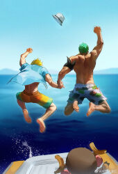 Rule 34 | 2boys, absurdres, alternate costume, antlers, arm up, bandana, bandana around arm, bara, black bandana, blonde hair, blue shirt, bucket hat, camouflage swimsuit, clenched hand, earrings, facing away, from behind, green hair, hat, hat loss, highres, holding hands, horns, jewelry, jumping, leg hair, male focus, male swimwear, multiple boys, muscular, muscular male, ocean, one piece, open clothes, open shirt, outdoors, roronoa zoro, sanji (one piece), shirt, short hair, sweetdou3, swim trunks, tony tony chopper, yaoi