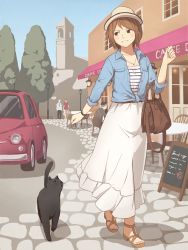 Rule 34 | 1girl, bad id, bad pixiv id, bag, black cat, blush, brown eyes, brown hair, cafe, car, cat, chair, cobblestone, collarbone, fiat, fiat 500, fudama, hat, highres, jewelry, menu board, motor vehicle, necklace, original, pavement, sandals, short hair, sign, smile, striped, table, tree, vehicle, window