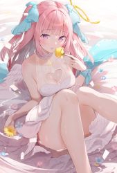Rule 34 | 1girl, angel, angel wings, bad id, bad twitter id, bare shoulders, breasts, cleavage, cleavage cutout, clothing cutout, dress, feathered wings, feathers, flower, halter dress, halterneck, heart cutout, highres, in water, kinako (shiratama mochi), knees up, lips, mini wings, original, pink eyes, pink hair, pink lips, rose, see-through, small breasts, solo, twintails, water, white dress, wings, wristlet, yellow flower, yellow rose