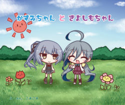 Rule 34 | 2girls, :3, :d, ^ ^, ahoge, black dress, black ribbon, black socks, blue neckwear, blue sky, blush, boots, bow, bowtie, brown footwear, bush, closed eyes, closed mouth, cloud, cross-laced footwear, day, dress, flower, grass, grey footwear, grey legwear, hair between eyes, hair bow, hair ribbon, kantai collection, kasumi (kancolle), kiyoshimo (kancolle), kneehighs, komakoma (magicaltale), lace-up boots, long hair, long sleeves, low twintails, multiple girls, open mouth, outdoors, pantyhose, pinafore dress, pink flower, pleated dress, purple dress, red flower, red neckwear, remodel (kantai collection), ribbon, shirt, shoes, side ponytail, silver hair, sky, sleeveless, sleeveless dress, smile, socks, standing, sun, translated, tulip, twintails, very long hair, white shirt, yellow bow, yellow eyes, | |