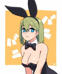 Rule 34 | 1girl, animal ears, bare shoulders, black bow, black bowtie, black hairband, black leotard, blue eyes, bow, bowtie, breasts, cleavage, closed mouth, collar, commentary request, detached collar, fake animal ears, green eyes, hair between eyes, hairband, highres, leotard, looking at viewer, medium breasts, muu (mumumer), orange background, original, playboy bunny, rabbit ears, smile, solo, strapless, strapless leotard, text background, two-tone background, upper body, white background, white collar, wing collar, yunomiya agari