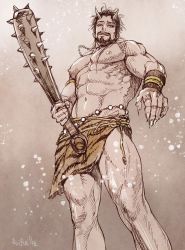 Rule 34 | 1boy, abs, animal print, bara, beard, brown hair, check copyright, club, club (weapon), copyright request, facial hair, feet out of frame, fingernails, from below, highres, holding, holding weapon, horns, i reibun, jewelry, kanabou, large pectorals, loincloth, male focus, mature male, muscular, muscular male, mustache, navel, necklace, nipples, oni, oni horns, original, pectorals, revealing clothes, sharp fingernails, short hair, solo, spiked club, standing, stomach, thick thighs, thighs, tiger print, topless male, weapon
