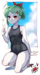 Rule 34 | 1girl, absurdres, ahoge, bare shoulders, bow, breasts, cloud, colored skin, covered navel, crab, expressionless, full body, green hair, hair bow, hair ornament, hairclip, hal-bard, highres, looking at viewer, on one knee, original, ponytail, red bow, red eyes, sandals, school swimsuit, small breasts, sparkle, swept bangs, swimsuit, toes, v, white skin