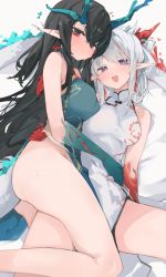 Rule 34 | arknights, asymmetrical docking, black hair, blush, breast press, breasts, china dress, chinese clothes, closed mouth, colored skin, commentary, dragon girl, dragon horns, dragon tail, dress, dusk (arknights), earrings, feet out of frame, fiery tail, from above, frown, green dress, green hair, green skin, heart, highres, horns, hug, jewelry, long hair, looking at viewer, lying, medium breasts, mikozin, multicolored hair, multicolored skin, nian (arknights), on back, on side, open mouth, pelvic curtain, pointy ears, purple eyes, red eyes, red hair, red skin, siblings, sidelocks, sisters, sleeveless, sleeveless dress, smile, spread legs, streaked hair, sweat, symbol-only commentary, tail, tassel, tassel earrings, thighs, two-tone hair, white dress, white hair