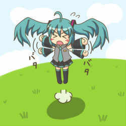 Rule 34 | &gt; &lt;, 1girl, ahoge, aqua hair, arm flapping, arms up, blush stickers, chibi, cloud, day, closed eyes, flapping, flying, grass, hatsune miku, open mouth, sky, solo, thighhighs, twintails, vocaloid, yunkaasu (kakushiaji)