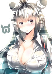 Rule 34 | 10s, 1girl, absurdres, alternate breast size, animal ears, black eyes, black hair, blush, breast pocket, breasts, chapman&#039;s zebra (kemono friends), cleavage, commentary request, extra ears, highres, huge breasts, japari symbol, kanzakietc, kemono friends, long hair, looking at viewer, multicolored hair, pocket, simple background, solo, two-tone hair, upper body, white background, white hair, zebra ears