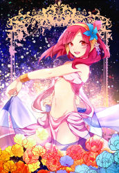 Rule 34 | 1girl, bracelet, breasts, flower, hair flower, hair ornament, iori-amu, jewelry, looking at viewer, lots of jewelry, magi the labyrinth of magic, mizuno (iori-amu), morgiana, navel, pink hair, red eyes, short hair, side ponytail, small breasts, solo, underboob