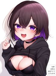 Rule 34 | 1girl, :o, aoi migo, black hoodie, blush, borrowed character, breasts, brown hair, choker, cleavage, cleavage cutout, clothing cutout, colored inner hair, drawstring, earrings, fang, highres, hood, hoodie, jewelry, looking at viewer, lying, medium breasts, medium hair, multicolored hair, multiple earrings, on stomach, open mouth, original, purple eyes, purple hair, rukawa-chan (namagome negi), simple background, skin fang, smile, solo, string pull, translation request, two-tone hair, upper body, white background