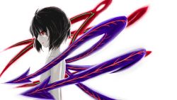 Rule 34 | 1girl, asymmetrical wings, bad id, bad pixiv id, black hair, breasts, collarbone, commentary request, highres, houjuu nue, nude, pale skin, parted lips, profile, red eyes, sabanto tamiru, short hair, simple background, small breasts, solo, touhou, white background, wings