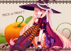 Rule 34 | 1girl, bad id, bad pixiv id, blonde hair, candy, female focus, food, halloween, hat, koto (colorcube), lollipop, long hair, looking at viewer, melona (koto), orange eyes, original, pumpkin, sitting, solo, striped background, striped clothes, striped thighhighs, swirl lollipop, thighhighs, trick or treat, very long hair, witch hat