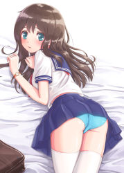 Rule 34 | 1girl, ass, bag, bed sheet, black hat, blouse, blue panties, blue skirt, blush, closed mouth, commentary, crotch seam, dktaka, from behind, frown, green eyes, hat, long hair, looking at viewer, looking back, lying, miniskirt, neckerchief, on bed, on stomach, original, panties, parted lips, pleated skirt, red neckerchief, school bag, school uniform, serafuku, shirt, short sleeves, skirt, solo, thighhighs, thighs, underwear, watch, white shirt, white thighhighs, wristwatch