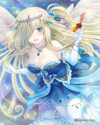 Rule 34 | 1girl, :d, angel wings, blonde hair, blue skirt, blush, breasts, cleavage, cup, elbow gloves, falkyrie no monshou, feathered wings, floating hair, flower, gloves, green eyes, hair over one eye, holding, holding cup, jewelry, long hair, looking at viewer, medium breasts, miniskirt, necklace, open mouth, pantyhose, pleated skirt, red flower, red rose, ribbon, rose, skirt, smile, solo, soukuu kizuna, sparkle, strapless, very long hair, white gloves, white pantyhose, white wings, wings, yellow ribbon