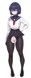Rule 34 | 1girl, absurdres, black hair, bodysuit, breasts, cleft of venus, covered navel, crotch cutout, earrings, full body, gluteal fold, highres, jewelry, kakuchou no ou, loafers, nipple piercing, original, piercing, piercing through clothes, purple eyes, pussy, school uniform, serafuku, shoes, short hair, simple background, solo, uncensored, wabiko1126, white background