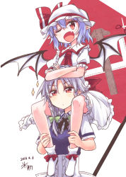 Rule 34 | 10s, 2016, 2girls, ;d, bat wings, crossed arms, dated, fang, girls und panzer, hat, highres, hikawa shou, izayoi sakuya, maid, multiple girls, one eye closed, open mouth, parody, pointy ears, red eyes, remilia scarlet, scissors, short hair, simple background, smile, touhou, white background, wings