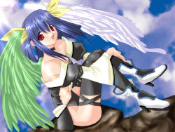 Rule 34 | 1girl, arc system works, asymmetrical wings, bad anatomy, blue hair, dizzy (guilty gear), guilty gear, outdoors, red eyes, sky, solo, tail, thighhighs, wings