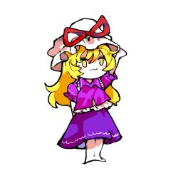 Rule 34 | 1girl, :3, absurdres, barefoot, blonde hair, blouse, chibi, commentary request, full body, hat, hat ribbon, highres, long hair, maribel hearn, mob cap, nunrb, puffy short sleeves, puffy sleeves, purple shirt, purple skirt, red ribbon, ribbon, shirt, short sleeves, simple background, skirt, skirt set, solo, standing, taboo japan disentanglement, touhou, white background, yellow eyes
