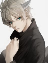 Rule 34 | 10s, 1boy, aqua eyes, closed mouth, curry gohan, grey background, highres, horns, hyuse, light particles, long sleeves, looking at viewer, male focus, signature, single horn, solo, turtleneck, upper body, world trigger