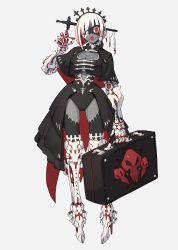 Rule 34 | 1girl, black skin, briefcase, capelet, claw pose, cleavage cutout, clothing cutout, colored eyelashes, colored skin, commentary request, eyepatch, grey background, grey skin, halloween, high heels, highres, impaled, joints, kuroi susumu, multicolored hair, multicolored skin, open mouth, original, patchwork skin, red eyes, red hair, robot joints, short hair, showgirl skirt, solo, stitches, streaked hair, two-tone hair, white hair, zombie