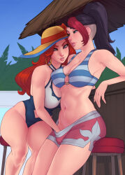 Rule 34 | 2girls, bar, bikini, black hair, blue eyes, curvy, djcomps, earrings, fingering, fingernails, fiora (league of legends), freckles, hand in panties, hat, heart, heart-shaped pupils, hoop earrings, jewelry, league of legends, long fingernails, long hair, looking at pussy, miss fortune (league of legends), multicolored hair, multiple girls, navel, one-piece swimsuit, open mouth, panties, parted lips, ponytail, pool, red hair, smile, straw hat, swimsuit, symbol-shaped pupils, thick lips, thick thighs, thighs, underwear, wide hips, yuri