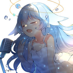 Rule 34 | 1girl, bare arms, bare shoulders, blue hair, blush, closed eyes, collarbone, copyright request, dress, hair between eyes, hand up, highres, long hair, maya g, microphone, open mouth, simple background, sleeveless, sleeveless dress, solo, very long hair, water drop, white background, white dress