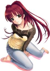 Rule 34 | 00s, 1girl, arm behind back, barefoot, between legs, blush, brown eyes, camisole, casual, denim, feet, fingernails, from above, full body, hand between legs, jeans, kousaka tamaki, long hair, looking at viewer, mikazuki akira!, pants, red hair, shirt under shirt, simple background, smile, solo, to heart (series), to heart 2, white background