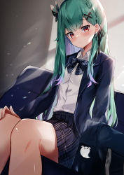 Rule 34 | 1girl, absurdres, bad id, bad pixiv id, bag, bag charm, black jacket, black necktie, black skirt, blush, braid, butterfly hair ornament, charm (object), closed mouth, collared shirt, commentary request, green hair, hair ornament, hand on own knee, highres, hololive, jacket, legs together, long hair, looking at viewer, nanashinayuzu mochi, necktie, plaid, plaid skirt, pleated skirt, red eyes, school bag, school uniform, shirt, sidelocks, sitting, skirt, solo, uniform, uruha rushia, uruha rushia (school uniform), virtual youtuber, white shirt