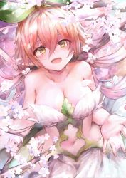 Rule 34 | 1girl, absurdres, breasts, brown eyes, cherry blossoms, cleavage, granblue fantasy, highres, leaf, long hair, mo55ilst, navel, petals, pink hair, pointy ears, smile, solo, yggdrasil (granblue fantasy)