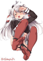 Rule 34 | 1girl, amatsukaze (kancolle), ass, black panties, blush, breasts, brown dress, brown eyes, dress, ebifurya, feet, garter straps, gloves, hair between eyes, hair tubes, hat, heavy breathing, highres, kantai collection, long hair, looking at viewer, lying, mini hat, no shoes, on back, open mouth, panties, panty pull, pussy juice, red thighhighs, sailor dress, saliva, saliva trail, short dress, silver hair, simple background, single glove, small breasts, solo, striped clothes, striped thighhighs, tears, thighhighs, twitter username, two side up, underwear, white background
