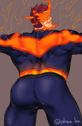 Rule 34 | 1boy, ass, ass focus, back, bara, beard, blue bodysuit, blue eyes, bodysuit, boku no hero academia, bulge, burning, covered abs, covered navel, endeavor (boku no hero academia), facial hair, feet out of frame, fiery hair, from behind, looking at viewer, looking back, male focus, mature male, muscular, muscular male, ono (ohno ha), paid reward available, red hair, paid reward available, short hair, sideburns, solo, spiked hair, thick thighs, thighs, unfinished