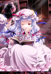Rule 34 | 2girls, absurdres, book, bookshelf, bow, bracelet, candle, head rest, crescent, dress, female focus, hair bow, hat, highres, jewelry, koakuma, library, long hair, mirror, multiple girls, namamo nanase, one eye closed, patchouli knowledge, purple hair, red eyes, red hair, reflection, embodiment of scarlet devil, touhou, voile, wings, wink
