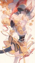 Rule 34 | 1other, absurdres, arms up, back bow, black corset, black headwear, black thighhighs, blonde hair, bow, breasts, charlotte (madoka magica), cheese, corset, cup, curly hair, dancing, detached sleeves, feet out of frame, flower, flower-shaped hair, food, food-themed background, from side, hair ornament, hat, highres, holding, holding ribbon, juice, leg up, looking to the side, maccha (mochancc), mahou shoujo madoka magica, mahou shoujo madoka magica (anime), medium breasts, puffy short sleeves, puffy sleeves, reflection, ribbon, shirt, short sleeves, skirt, socks, star (symbol), star hair ornament, striped clothes, striped socks, thighhighs, tomoe mami, white bow, white shirt, yellow eyes, yellow flower, yellow ribbon, yellow skirt, yellow theme