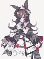 Rule 34 | 1girl, alternate costume, animal ears, black dress, bow, brown hair, buttons, collar, commentary request, crinoline, cropped torso, double-breasted, dress, flower, frilled collar, frills, gloves, gothic lolita, grey background, hair over one eye, hairband, hat, highres, horse ears, lace, lace gloves, large bow, layered dress, lolita fashion, long hair, mini hat, mini top hat, parted lips, plant, purple eyes, ribbon, rice shower (umamusume), rose, ruru (rurucyan), short sleeves, simple background, sketch, solo, top hat, umamusume, upper body, vines, white ribbon