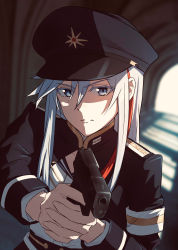 Rule 34 | 1girl, 86 -eightysix-, aiming, aiming at viewer, black hat, black jacket, blue eyes, blurry, blurry background, colored eyelashes, commentary request, depth of field, finger on trigger, glock, grey hair, gun, hair between eyes, handgun, hat, highres, holding, holding gun, holding weapon, jacket, long hair, long sleeves, looking at viewer, multicolored hair, peaked cap, red hair, shirt, solo, streaked hair, two-handed, upper body, v-shaped eyebrows, vladilena millize, weapon, weapon request, white shirt, yakisobaosu